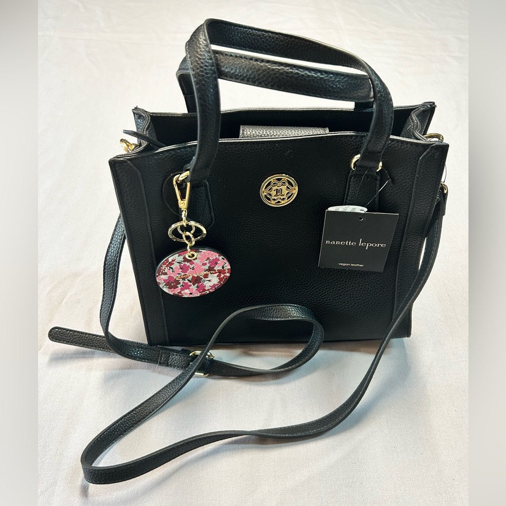 NANETTE LEPORE Ansel Satchel Bag Vegan Black Leather Pebbled Purse Designer